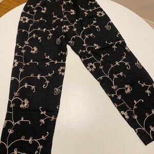 Vintage Linen Flower Embroidered Pants